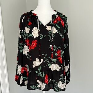 Old Navy Tie Neck Floral Black Blouse Size: M